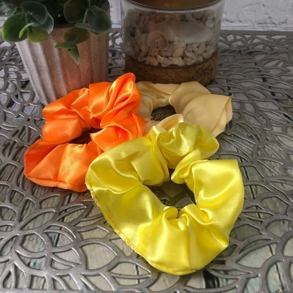 3 New Silk Scrunchies Orange, Yellow Creme colors